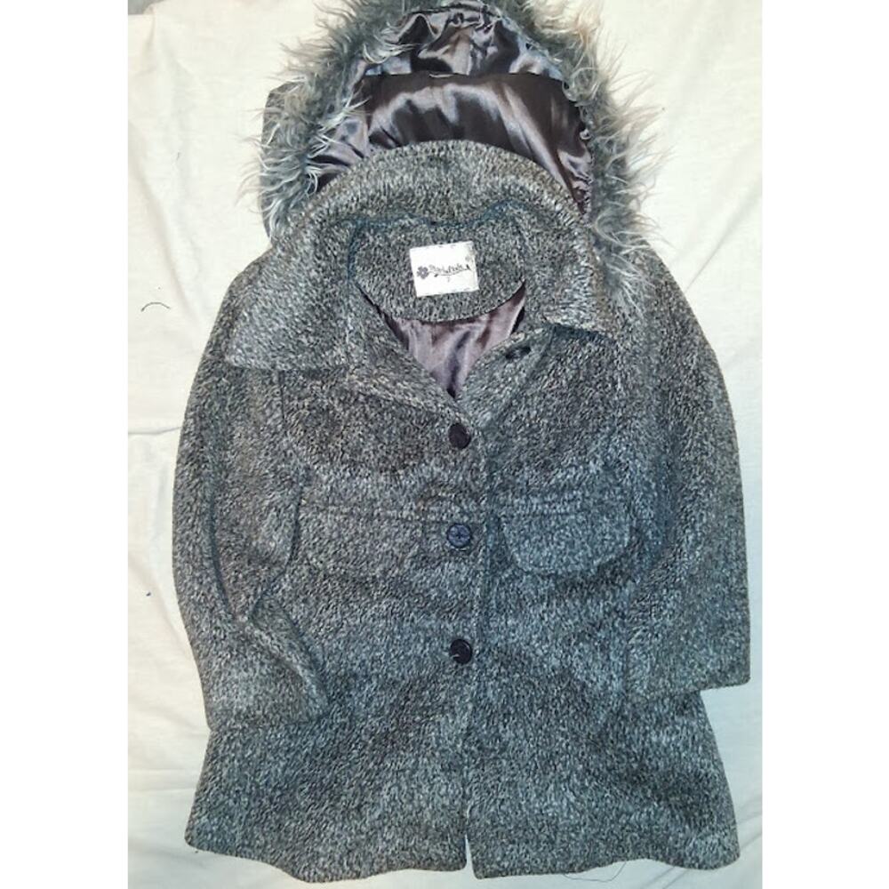 Girls Gray Tweed Coat with Faux Fur Hood – Size 7 by Marblekids